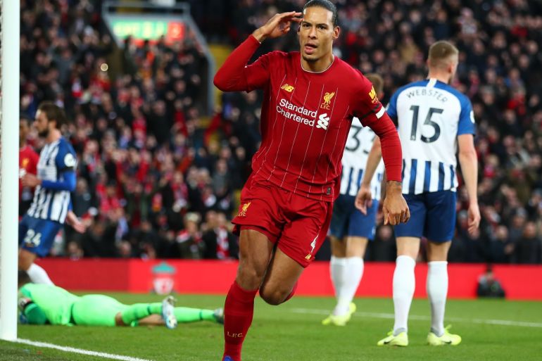 LIVERPOOL, ENGLAND - NOVEMBER 30: Virgil van Dijk of Liverpool celebrates goal during the Premier League match between Liverpool FC and Brighton & Hove Albion at Anfield on November 30, 2019 in Liverpool, United Kingdom. (Photo by Clive Brunskill/Getty Images)