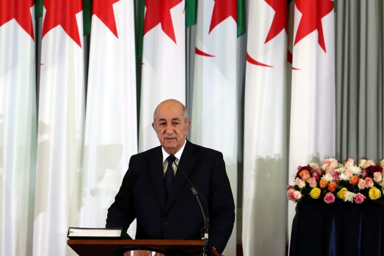 epa08081410 Newly-elected Algerian President Abdelmadjid Tebboune speaks during swearing-in ceremony in Algiers, Algeria, 19 December 2019. Tebboune was elected to a five-year term in the 12 December presidential elections the first since the former president Abdelaziz Bouteflika stepped down in April 2019. EPA-EFE/MOHAMED MESSARA
