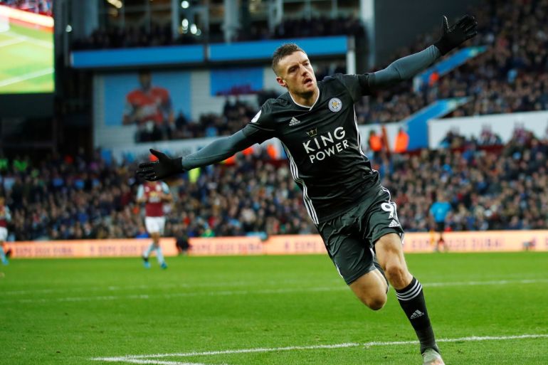 Soccer Football - Premier League - Aston Villa v Leicester City - Villa Park, Birmingham, Britain - December 8, 2019 Leicester City's Jamie Vardy celebrates scoring their fourth goal REUTERS/Eddie Keogh EDITORIAL USE ONLY. No use with unauthorized audio, video, data, fixture lists, club/league logos or