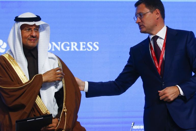 Russian Energy Week International Forum in Moscow- - MOSCOW, RUSSIA - OCTOBER 03 : Minister of Energy of Russia, Alexander Novak (R) shakes hands with Saudi Arabia's Energy Minister, Prince Abdulaziz bin Salman (L) at the end of the plenary session titled ''Maintaining Energy Connectivity in an Unstable World