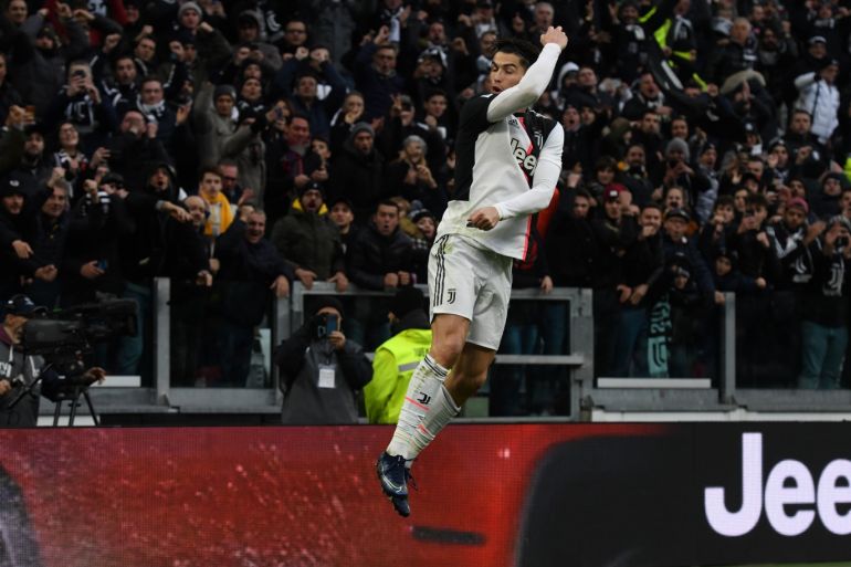 TURIN, ITALY - DECEMBER 15: Cristiano Ronaldo of Juventus celebrates goal during the Serie A match between Juventus and Udinese Calcio at Allianz Stadium on December 15, 2019 in Turin, Italy. (Photo by Chris Ricco/Getty Images)
