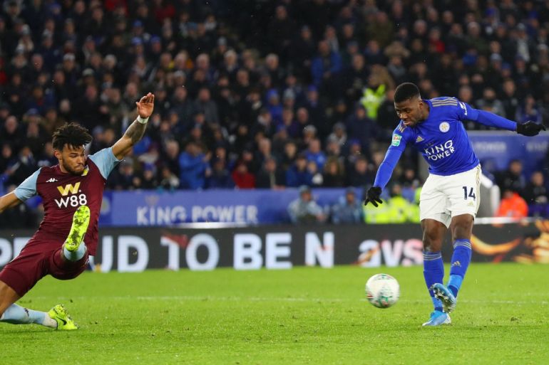 LEICESTER, ENGLAND - JANUARY 08: Kelechi Iheanacho of Leicester City scores his team's first goal during the Carabao Cup Semi Final match between Leicester City and Aston Villa at The King Power Stadium on January 08, 2020 in Leicester, England. (Photo by Catherine Ivill/Getty Images)