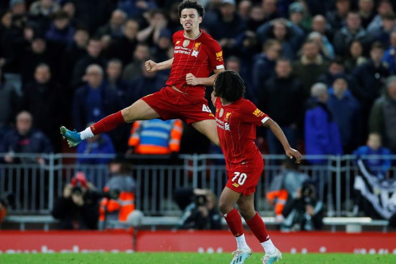 Soccer Football - FA Cup - Third Round - Liverpool v Everton - Anfield, Liverpool, Britain - January 5, 2020 Liverpool's Curtis Jones celebrates scoring their first goal with teammate Yasser Larouci REUTERS/Phil Noble