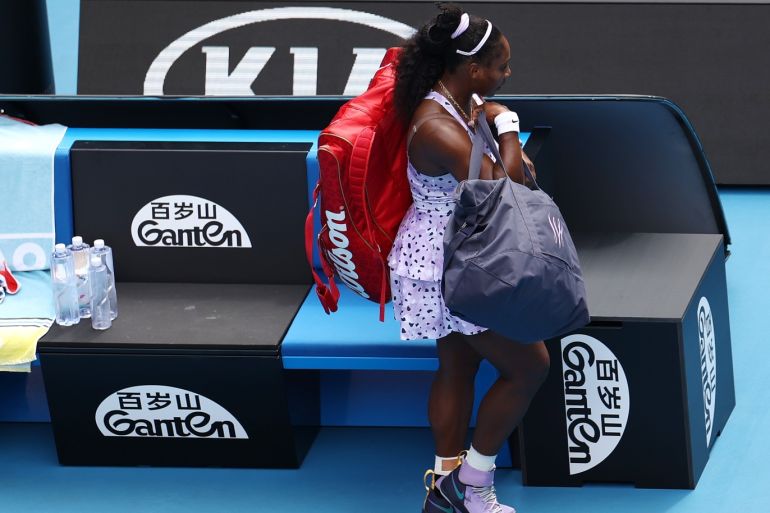 MELBOURNE, AUSTRALIA - JANUARY 24: Serena Williams of the United States walks off court after losing her Women's Singles third round match against Qiang Wang of China on day five of the 2020 Australian Open at Melbourne Park on January 24, 2020 in Melbourne, Australia. (Photo by Hannah Peters/Getty Images)