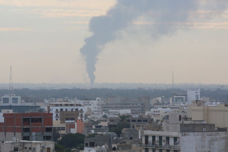 Warlord Khalifa Haftar violates a week-old cease-fire- - TRIPOLI, LIBYA - JANUARY 19: Smoke rises after forces of Warlord Khalifa Haftar attacked to capital Tripoli, Libya on January 19, 2020. Haftar’s forces had again violated the cease-fire which started early last Sunday.
