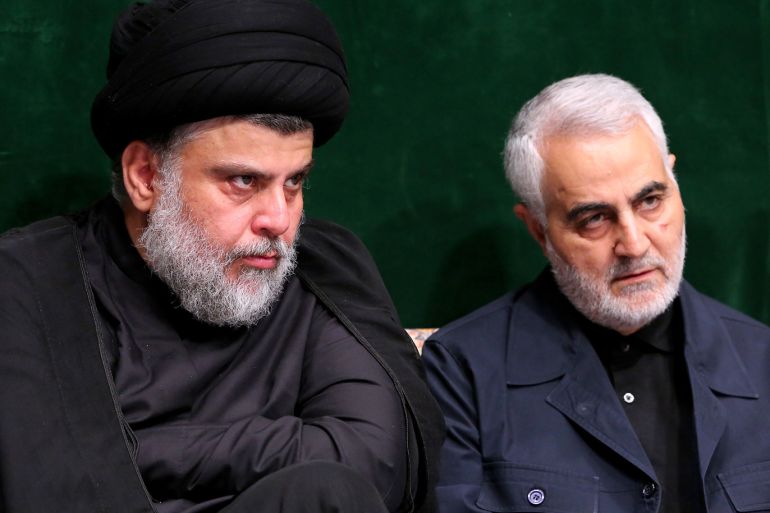 epa08099290 (FILE) - A handout photo made available by the Iranian Supreme Leader's office shows Iranian Revolutionary Guards Corps (IRGC) Lieutenant general and commander of the Quds Force Qasem Soleimani (R) and Iraqi Shia cleric, politician and militia leader Muqtada al-Sadr (L) during the Ashura mourning ceremony in Tehran, Iran, 10 September 2019 (reissued 03 January 2020). Soleimani and Iraqi militia commander Abu Mahdi al-Muhandis were killed on 03 January 2020 following a US airstrike at Baghdad's international airport. The attack comes amid escalating tensions between Tehran and Washington. EPA-EFE/IRANIAN SUPREME LEADER'S OFFICE HANDOUT HANDOUT EDITORIAL USE ONLY/NO SALES