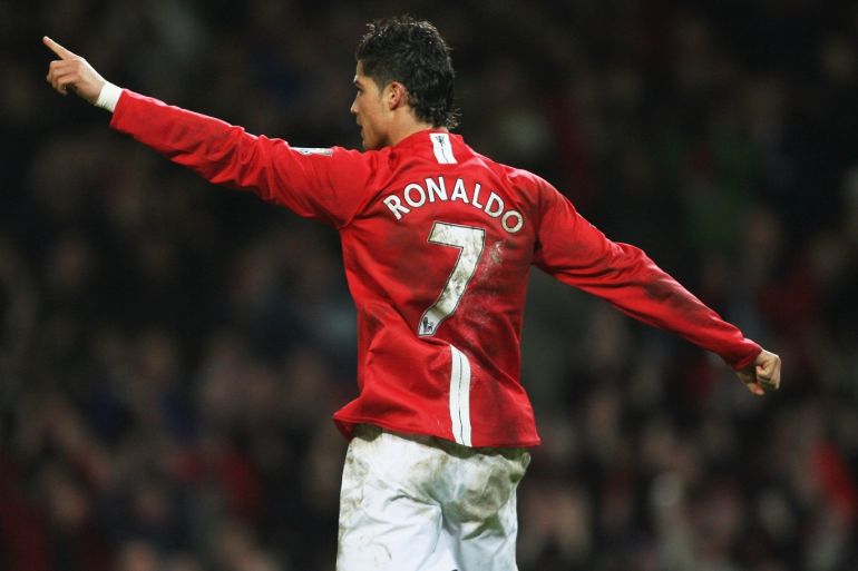 MANCHESTER, UNITED KINGDOM - JANUARY 12: Cristiano Ronaldo of Manchester celebrates after scoring his team's third goal during the Barclays Premier League match between Manchester United and Newcastle United at Old Trafford on January 12, 2008 in Manchester, England. (Photo by Alex Livesey/Getty Images)