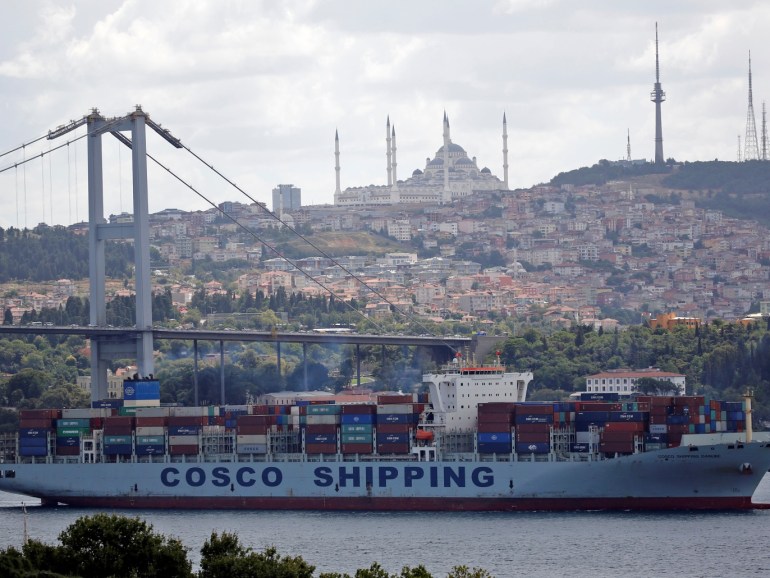 The Cosco Shipping Danube, a container ship of the China Ocean Shipping Company (COSCO), sails in the Bosphorus, on its way to the Mediterranean Sea, in Istanbul, Turkey August 11, 2018. REUTERS/Murad Sezer