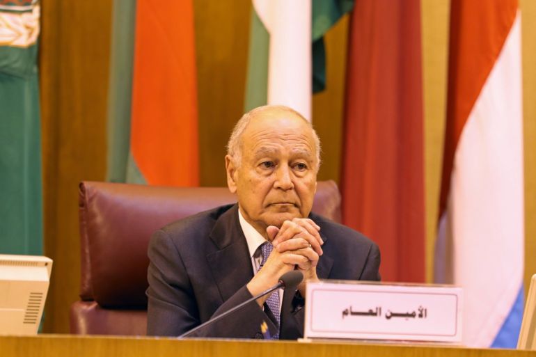 Arab League Secretary-General Ahmed Aboul Gheit attends the Arab League's foreign ministers meeting to discuss unannounced U.S. blueprint for Israeli-Palestinian peace, in Cairo, Egypt April 21, 2019. REUTERS/Mohamed Abd El Ghany