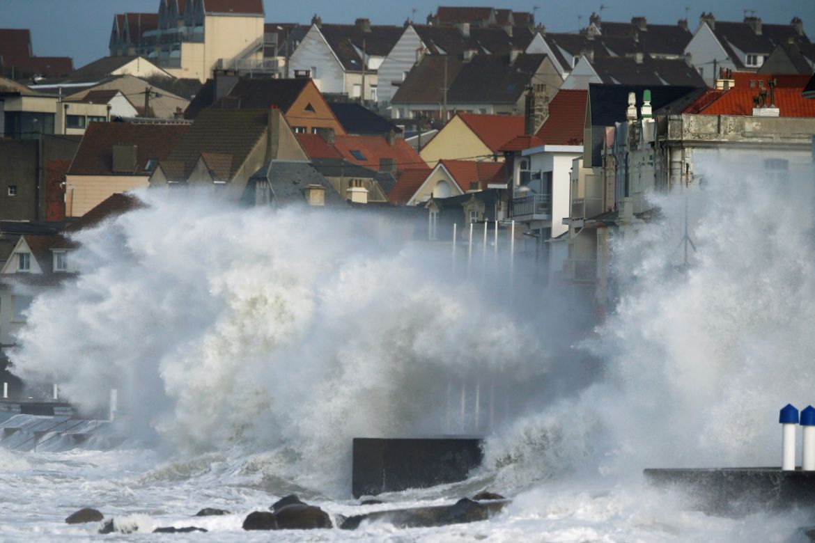 Waves crash against the breakwater during Storm Ciara at Wimereux, France, February 10, 2020. REUTERS/Pascal Rossignol