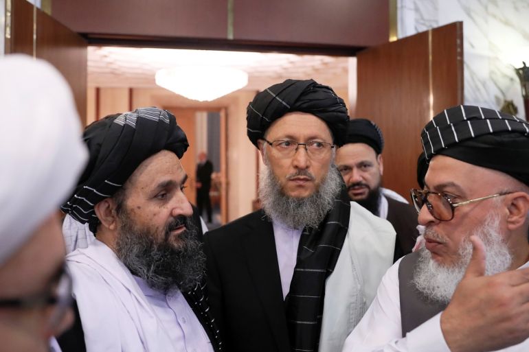Head of Political Office of Taliban Mohammad Abbas Stanikzai (R) and chief negotiator Mullah Abdul Ghani Baradar (L) attend peace talks with Afghan senior politicians in Moscow, Russia May 30, 2019. REUTERS/Evgenia Novozhenina