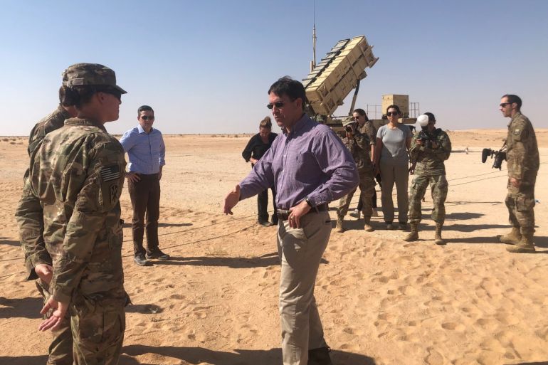 U.S. Defense Secretary Mark Esper speaks with U.S. troops in front of a Patriot missile battery at Prince Sultan Air Base in Saudi Arabia October 22, 2019. REUTERS/Idrees Ali