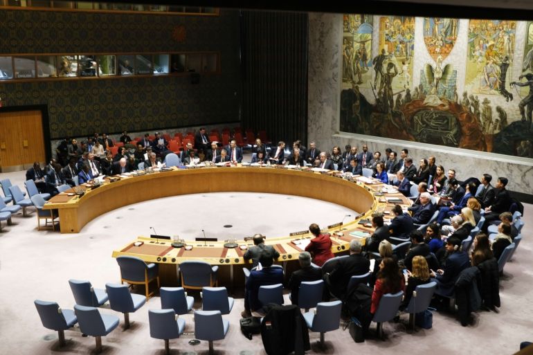 NEW YORK, NEW YORK - JANUARY 09: Members of the United Nations (UN) Security Council participate in a meeting titled