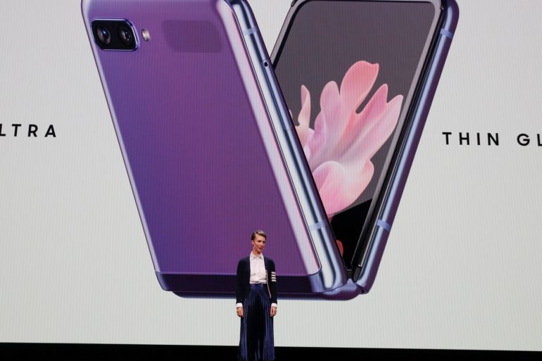 Rebecca Hirst, head of UK product marketing of Samsung Electronics, unveils the Z Flip foldable smartphone during Samsung Galaxy Unpacked 2020 in San Francisco, California, U.S. February 11, 2020. REUTERS/Stephen Lam