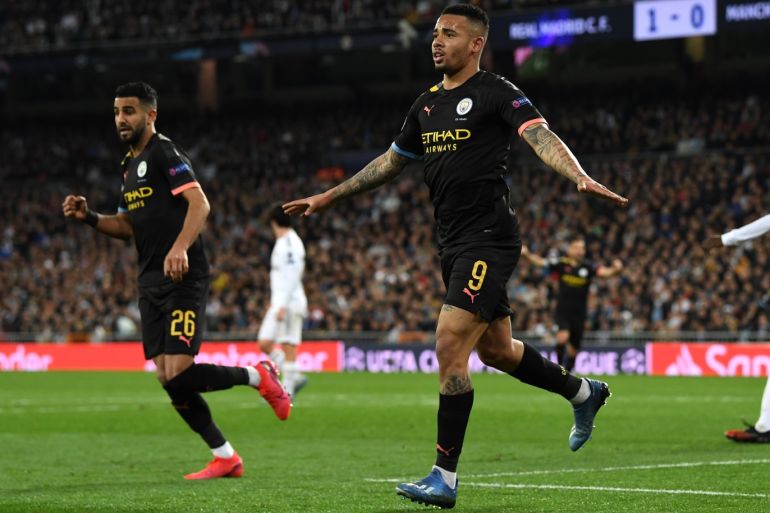 MADRID, SPAIN - FEBRUARY 26: Gabriel Jesus of Manchester City celebrates after scoring his team's first goal during the UEFA Champions League round of 16 first leg match between Real Madrid and Manchester City at Bernabeu on February 26, 2020 in Madrid, Spain. (Photo by David Ramos/Getty Images)