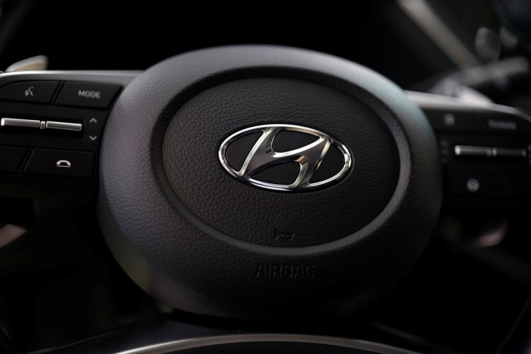 The logo of Hyundai Motors is seen on a steering wheel of a all-new Sonata sedan on display at the company's headquarters in Seoul, South Korea, March 22, 2019. REUTERS/Kim Hong-Ji