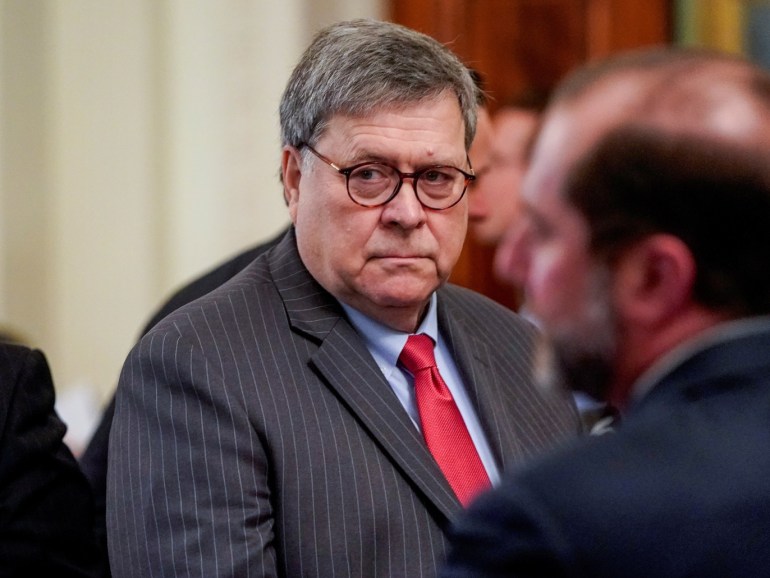 U.S. Attorney General William Barr arrives prior to U.S. President Donald Trump's statement about his acquittal on impeachment charges by the U.S. Senate in the East Room of the White House in Washington, U.S., February 6, 2020. REUTERS/Joshua Roberts REFILE - CORRECTING ID