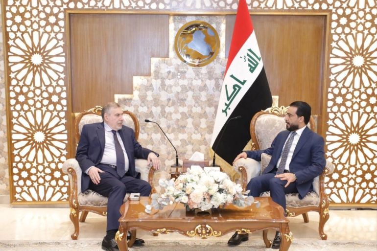 The speaker of Iraq's parliament Mohammed al-Halbousi meets with newly appointed Prime Minister of Iraq, Mohammed Tawfiq Allawi in Baghdad, Iraq February 1, 2020. Iraqi parliament media office/Handout via REUTERS ATTENTION EDITORS - THIS PICTURE WAS PROVIDED BY A THIRD PARTY.
