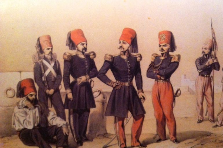 زي ضباط تونسيون حوالي عام 1840 من خريجي مدرسة باردو الحربية التي تخرج منها الجنرال حسين (ويكي كومونز)