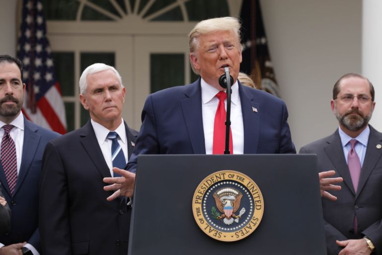 Trump declares national emergency in coronavirus fight- - WASHINGTON, DC, USA - MARCH 13: US President Donald J. Trump declares a national emergency due to the COVID-19 coronavirus pandemic, in the Rose Garden of the White House, in Washington, DC, United States on March 13, 2020.