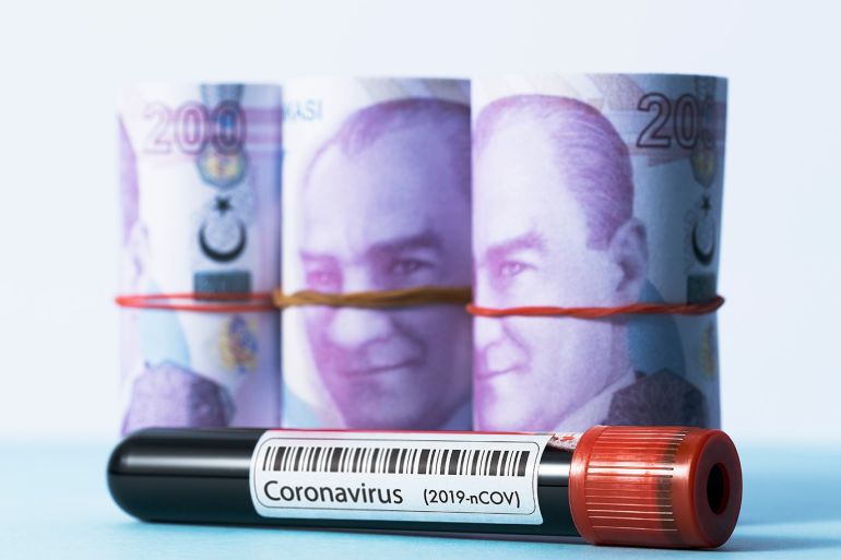 Coronavirus test tube and money bundle, Turkish lira. Blood sample in vacutainer, blood collection tube with 2019-nCOV label.