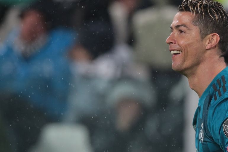 TURIN, ITALY - APRIL 03: Cristiano Ronaldo of Real Madrid smiles during the UEFA Champions League Quarter Final Leg One match between Juventus and Real Madrid at Allianz Stadium on April 3, 2018 in Turin, Italy. (Photo by Emilio Andreoli/Getty Images)