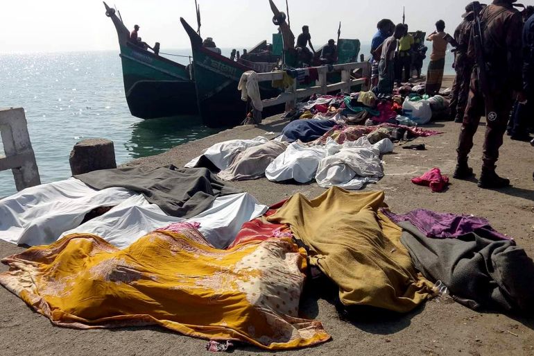 epa08210785 A view of victims' bodies covered in sheets lying on a quay after a trawler capsized off the Bay of Bengal, in Teknaf, Cox's Bazar District, Bangladesh, 11 February 2020. According to local media reports, at least 15 Rohingya refugees died after a trawler on its way to Malaysia sank off the coast in the Bay of Bengal, near St Martin's Island. Some 65 people were said to have been rescued alive, media added. The victims are said to be mostly women from Rohingya camps located in Teknaf and Ukhia Upazila of Cox's Bazar. EPA-EFE/STRINGER
