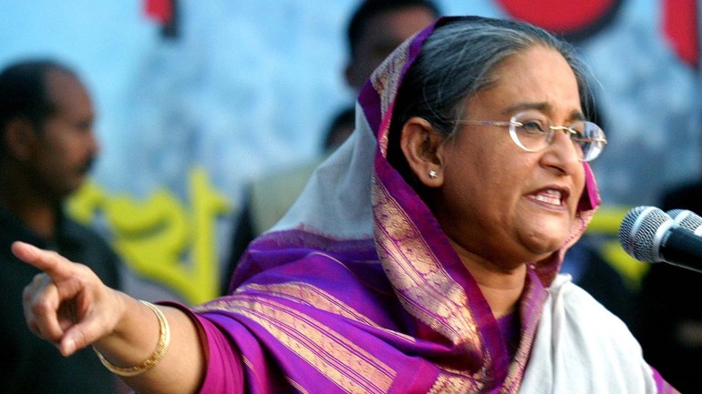 Former Bangladesh prime minister Sheikh Hasina and chief of main opposition Awami League speaks at a grand public rally in Dhaka. Former Bangladesh prime minister Sheikh Hasina and chief of main opposition Awami League speaks at a grand public rally in Dhaka on January 10, 2005. The rally was held on Monday to commemorate the home coming of independence leader Sheikh Mujibur Rahman after he was released from Pakistan prison on this day in 1972. REUTERS/Mohammad Shahidullah