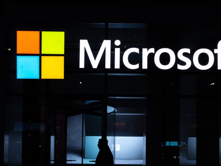 NEW YORK, NY - MARCH 13: A signage of Microsoft is seen on March 13, 2020 in New York City. Co-founder and former CEO of Microsoft Bill Gates steps down from Microsoft board to spend more time on the Bill and Melinda Gates Foundation. Jeenah Moon/Getty Images/AFP== FOR NEWSPAPERS, INTERNET, TELCOS & TELEVISION USE ONLY ==
