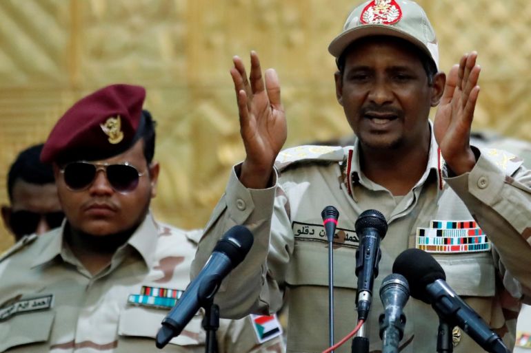 Lieutenant General Mohamed Hamdan Dagalo, deputy head of the military council and head of paramilitary Rapid Support Forces (RSF), addresses his supporters during a meeting in Khartoum, Sudan, June 20, 2019. REUTERS/Umit Bektas