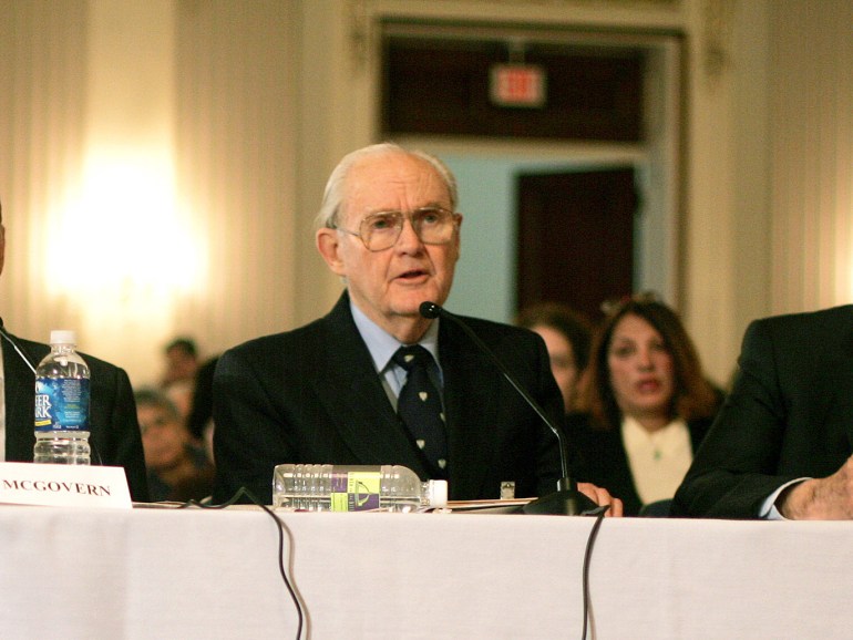 US Rep. John Murtha (L) D-PA, former Senator George McGovern (2nd-L), William Polk (2nd R), author of "Understanding Iraq" and former Army Lt. Gen. William Odom (R), testify before the Congressional Progressive Caucus on "The McGovern-Polk Plan for US Military Disengagement From Iraq" 12 January, 2007 on Capitol Hill in Washington, DC. The forum was held as part of an ongoing effort to examine policy options for achieving US military disengagement from Iraq and bringing US troops home. AFP PHOTO/Tim SLOAN (Photo by TIM SLOAN / AFP)
