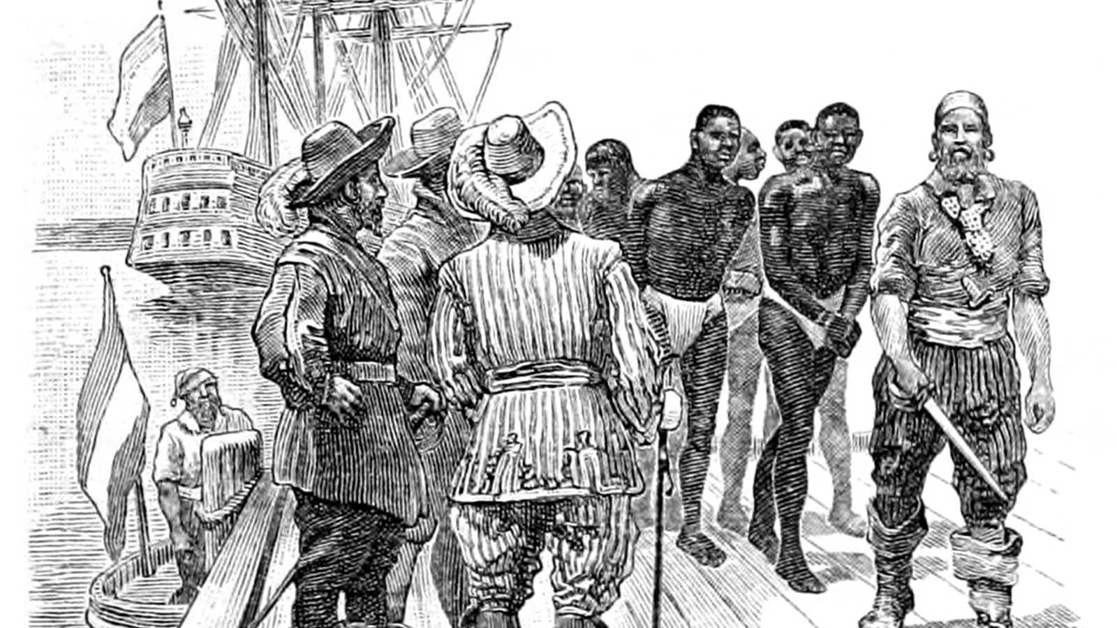 رسم يمثل وصول أول العبيد المقيدين إلى فيرجينيا الأميركية (ويكي كومنز)