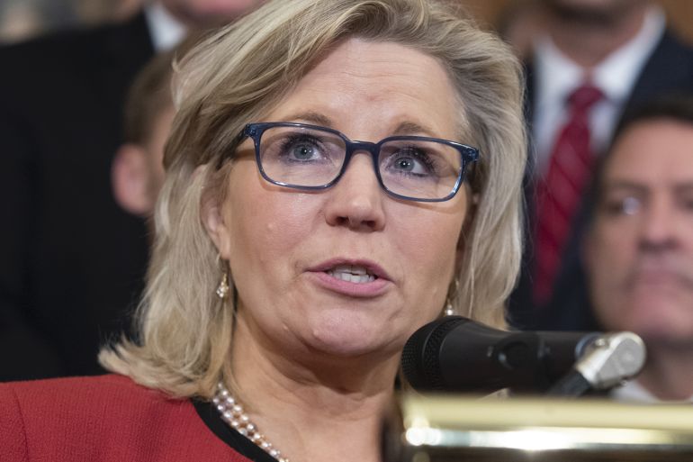 epa07962918 Republican Representative from Wyoming and daughter of former US Vice President Dick Cheney, Liz Cheney, participates in a news conference held by House Republicans to voice their disapproval after the House voted to formalize the...