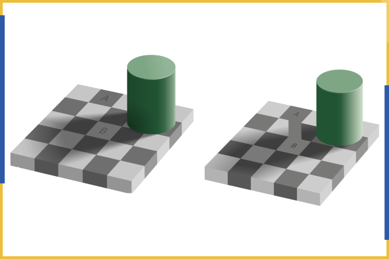 وهم رقعة الشطرنج: المربعات a وb لها اللون نفسه (إلى اليمين ترى أن الخط الواصل بينهما يحمل اللون نفسه، ويمكن لك استخدام أي أداة لتحرير الصور كي تتأكد من ذلك) 