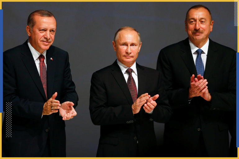 Russian President Vladimir Putin and his counterparts Tayyip Erdogan of Turkey and Ilham Aliyev of Azerbaijan applaud during the 23rd World Energy Conress in Istanbul, Turkey, October 10, 2016. REUTERS/Murad Sezer