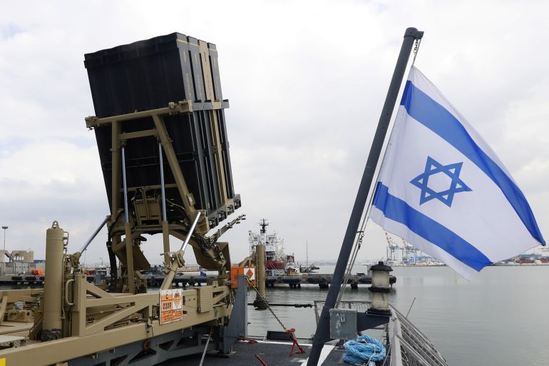 An Iron Dome interceptor system is seen on an Israeli missile boat during Israeli Prime Minister Benjamin Netanyahu's tour at a navy base in Haifa