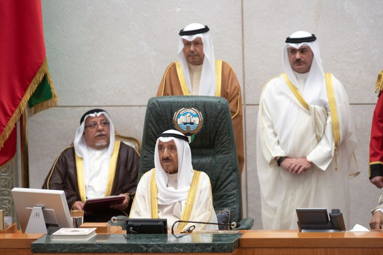 Kuwait's Emir Sheikh Sabah al Ahmad al Sabah sits during opening of parliament session in Kuwait City