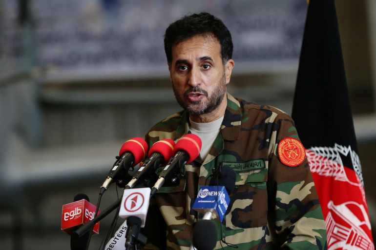 Afghanistan's Defense Minister Asadullah Khalid, speaks during a handover ceremony of A-29 Super Tucano planes from U.S. to the Afghan forces, in Kabul, Afghanistan