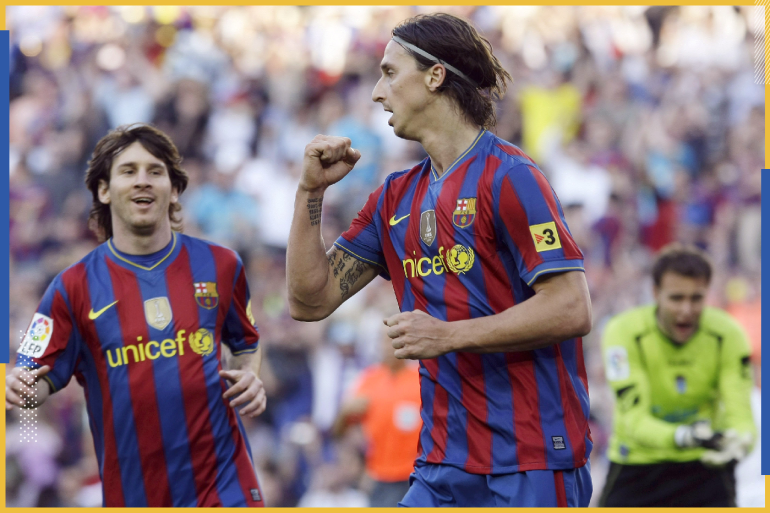 Barcelona's Zlatan Ibrahimovic (C) celebrates his goal with teammate Lionel Messi against Xerez CD's goalkeeper Renan (R)during their Spanish first division soccer match at Nou Camp stadium in Barcelona April 24, 2010. REUTERS/Gustau Nacarino (SPAIN - Tags: SPORT SOCCER)
