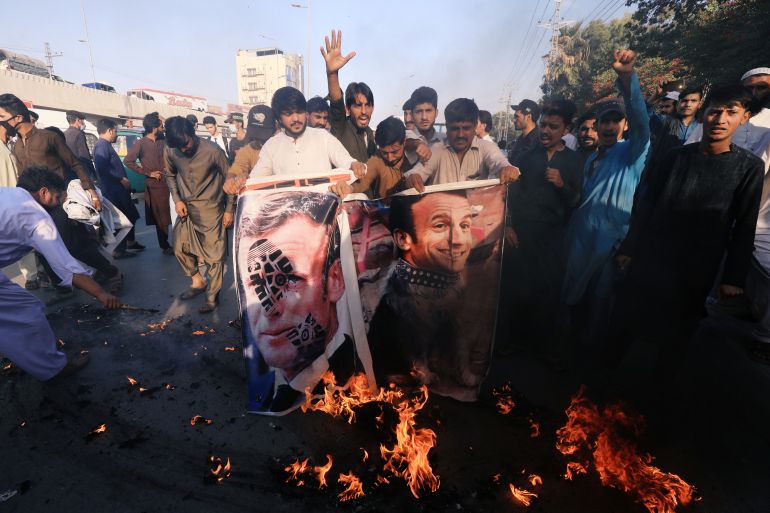 People protest against cartoon publications of Prophet Mohammad in France and Macron's comments, in Peshawar