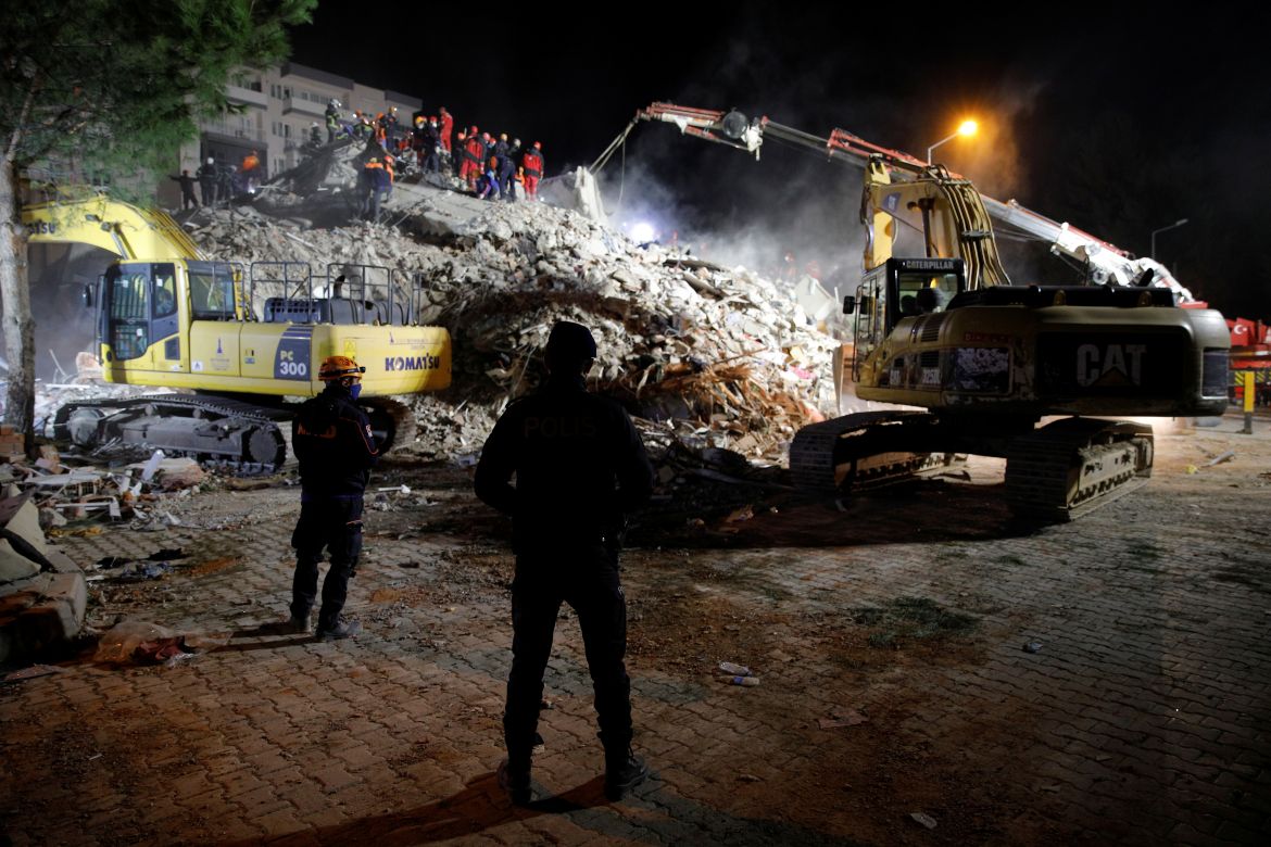Rescue operations take place on a site after an earthquake struck the Aegean Sea, in the coastal province of Izmir