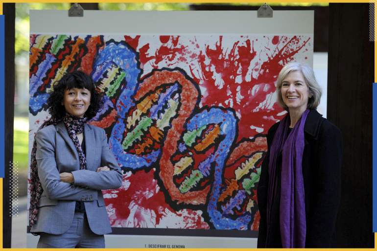 French microbiologist Emmanuelle Charpentier (L) and professor Jennifer Doudna of the U.S. pose for the media during a visit to a painting exhibition by children about the genome, at the San Francisco park in Oviedo, October 21, 2015. Charpentier and Doudna will be awarded the 2015 Princess of Asturias Award for Technical and Scientific Research at a ceremony on Friday in the Asturian capital. The Princess of Asturias Awards have been held annually since 1981 to reward scientific, technical, cultural, social and humanitarian work done by individuals, teams and institutions. REUTERS/Eloy Alonso