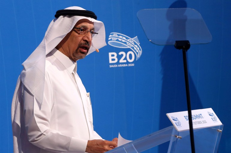 Saudi Arabian Investment Minister Khalid al-Falih, speaks during a virtual meeting of B20 at the Saudi Business Group summit in Riyadh