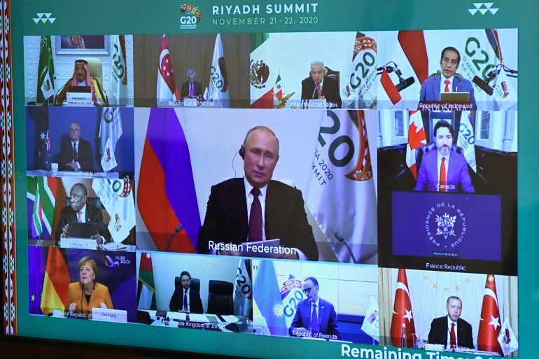 Russian President Vladimir Putin takes part in a video conference during the G20 Leaders' Summit 2020
