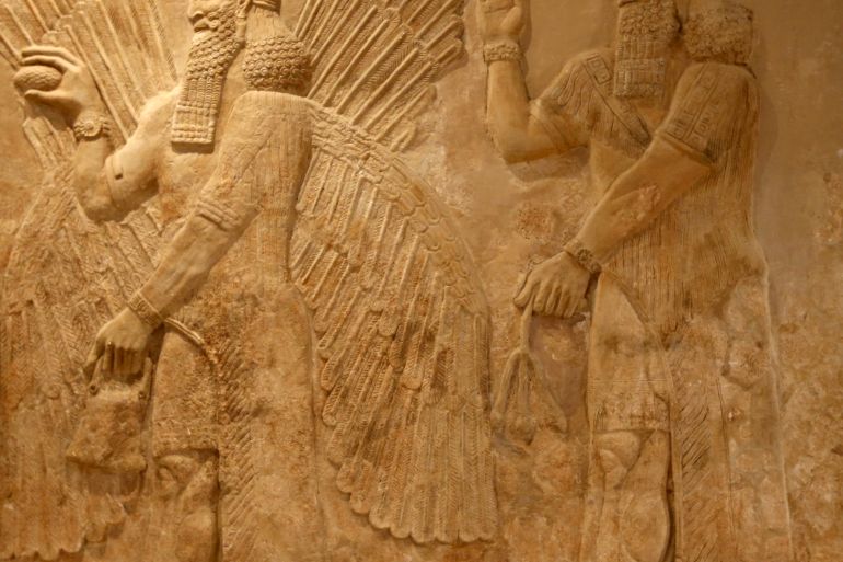An Assyrian relief is seen displayed at the Iraqi national museum in Baghdad