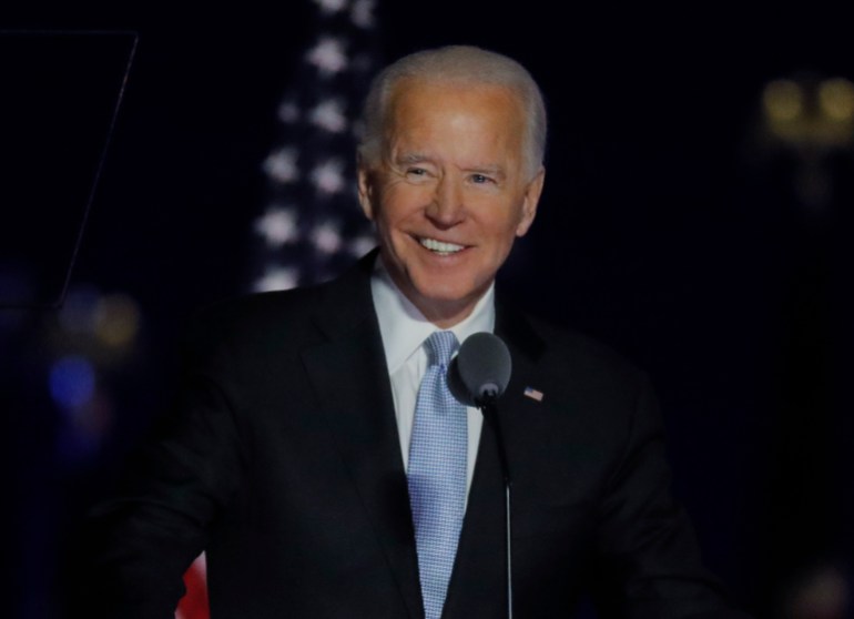 Democratic 2020 U.S. presidential nominee Joe Biden speaks at his election rally, after the news media announced that Biden has won the 2020 U.S. presidential election over President Donald Trump, in Wilmington, Delaware, U.S., November 7, 2020. REUTERS/Jim Bourg