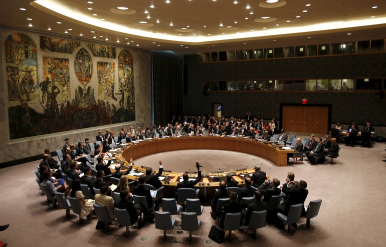 The United Nations Security Council votes to approve a resolution at the U.N. headquarters in New York