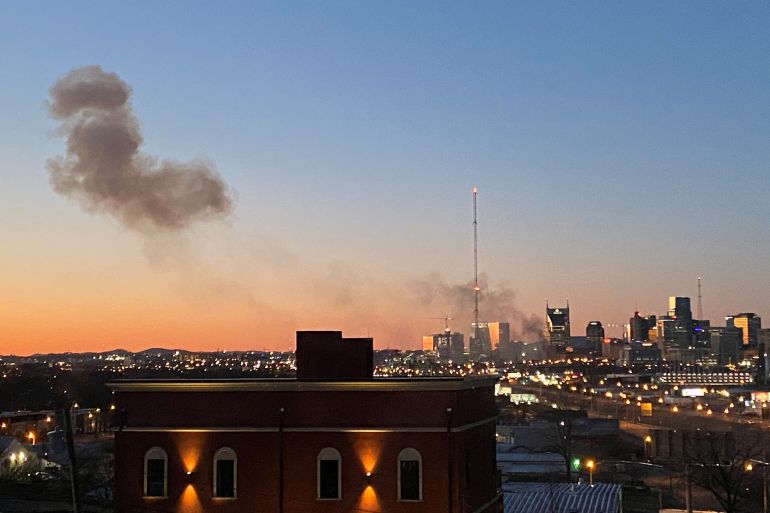 Smoke billows from the site of an explosion in the area of Second and Commerce in Nashville