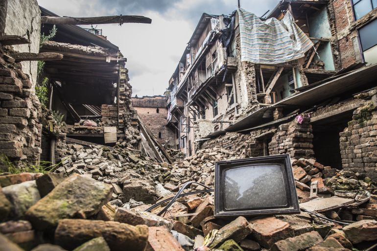 Rubble of collapsed building post earthquake of nepal, 2015; Shutterstock ID 733854199; Department: -