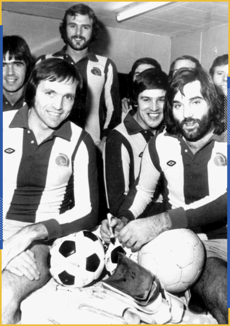 epa00582555 (FILES) Undated picture showing former Manchester United and Northern Ireland soccer legend George Best (R) signing footballs after appearing in a testimonial match for West Bromwich and England player Jeff Astle (L) at the Hawthorns in West Bromwich, central England. Football legend George Best died Friday, 25 November 2005, in London's Cromwell Hospital at the age of 59. EPA/- UK & IRELAND OUT B/W ONLY
